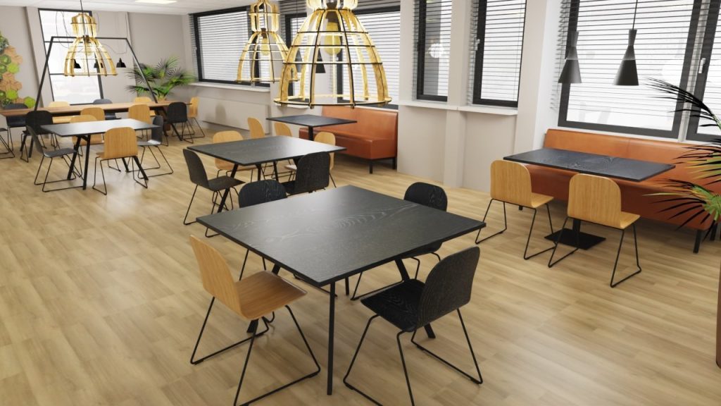 Ontwerp kantine inrichting Aqua look