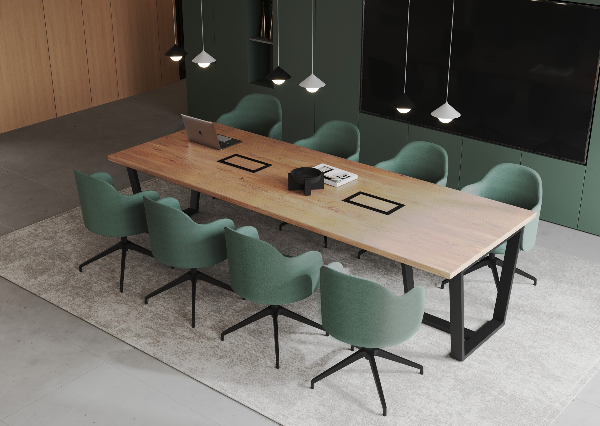 Bejot vergadertafel met gestoffeerde Flos vergaderstoelen in groene kleur.