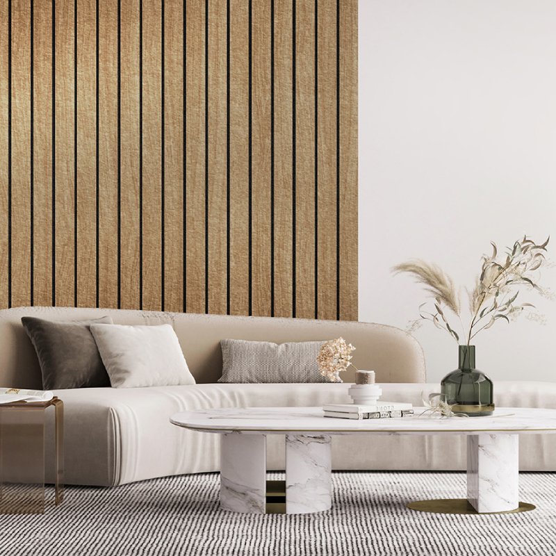 Akoestische lattenwand houtlook vilt