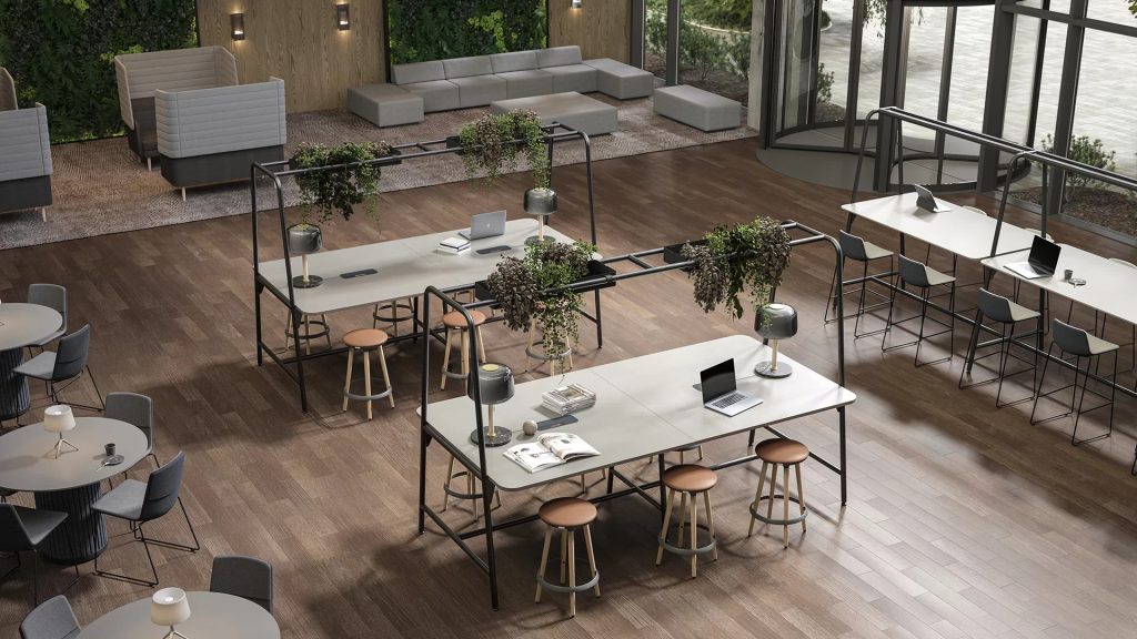 Narbutas Round multipurpose tafels en twist-sit stoelen