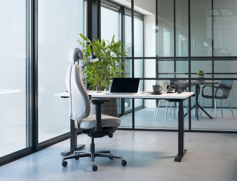 Werkplek met Therapod bureaustoel en zit-sta bureau.